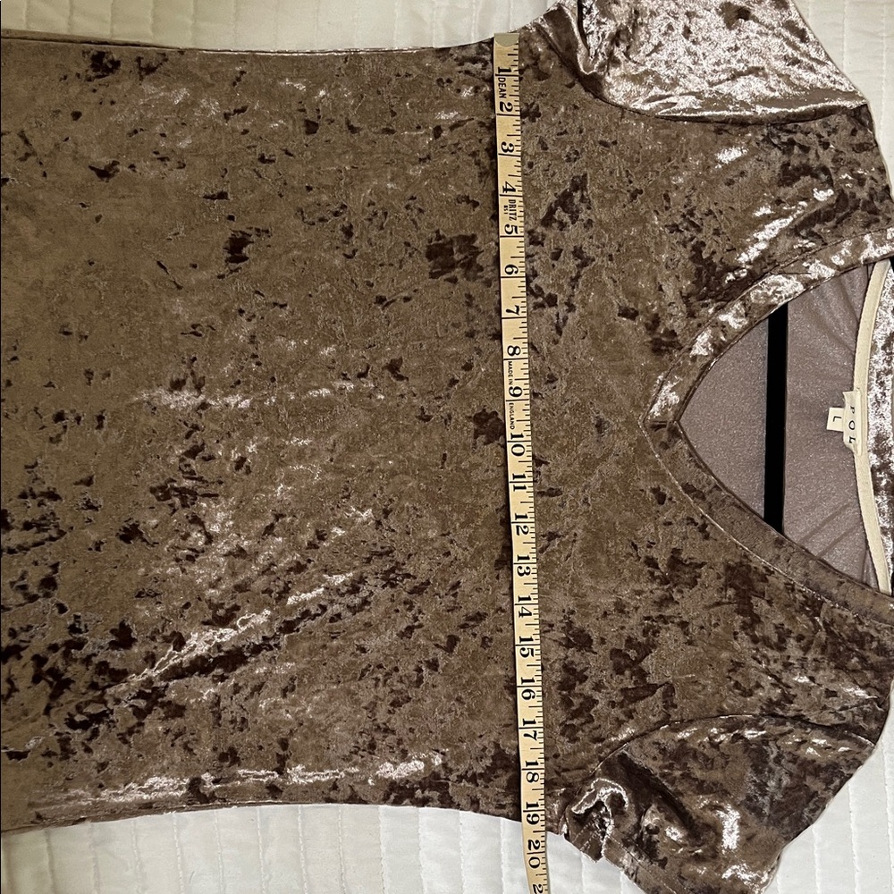 POL Crushed Velvet V-Neck Tee in Metallic Deep Beige - Picture 4 of 5